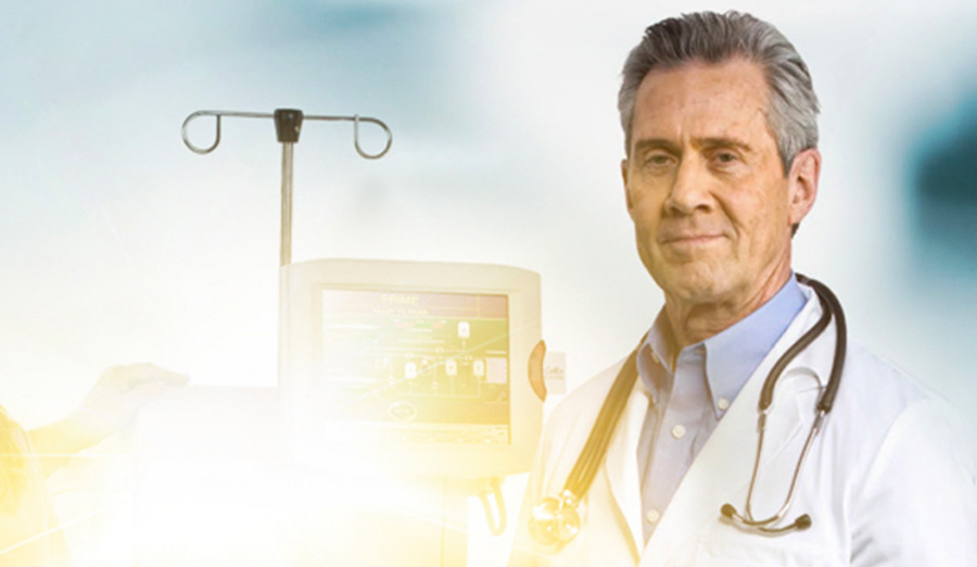 Healthcare professional with a blurred-out medical device