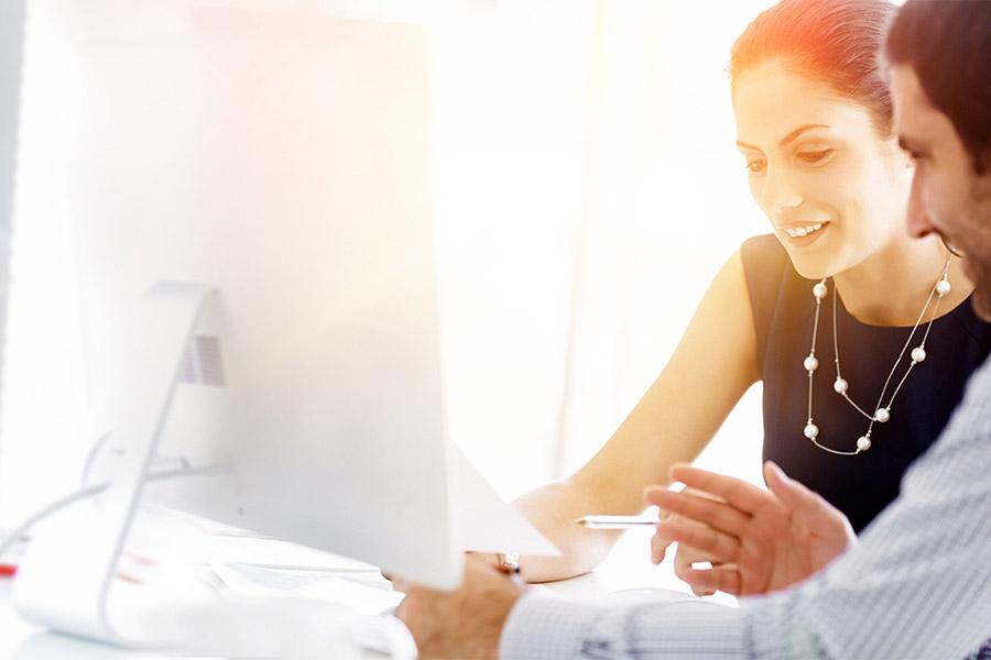 Two professionals looking at documents on a computer